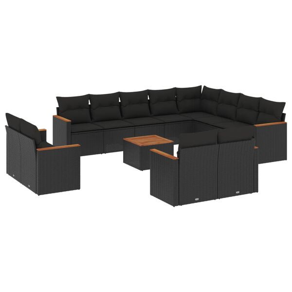 vidaXL 13 pcs conjunto de sof&aacute;s de jardim com almofad&otilde;es vime PE preto