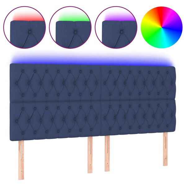 vidaXL Cabeceira de cama c/ luzes LED tecido 180x7x118/128 cm azul