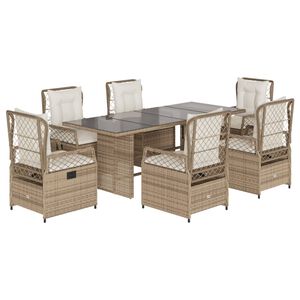 vidaXL 7 pcs conjunto de jantar p/ jardim com almofad&otilde;es vime PE bege