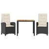 vidaXL 3 pcs conjunto de jantar p/ jardim c/ almofad&otilde;es vime PE preto