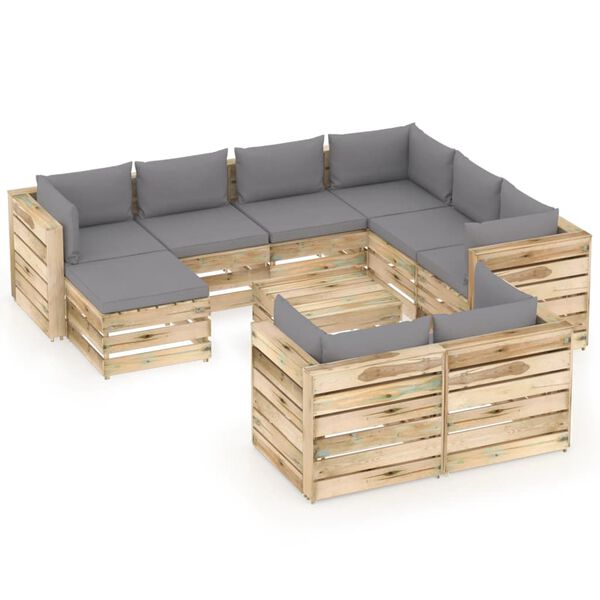 vidaXL 10 pcs conj. lounge jardim c/ almofad&otilde;es madeira impreg. verde