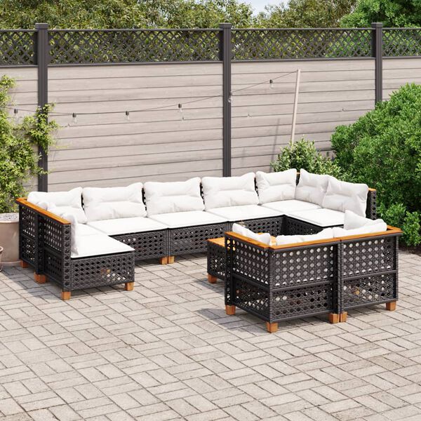 vidaXL 10 pcs conjunto sofás de jardim c/ almofadões vime PE preto