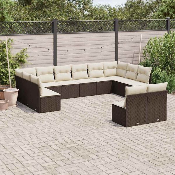 vidaXL 12 pcs conjunto de sof&aacute;s jardim com almofad&otilde;es vime PE castanho