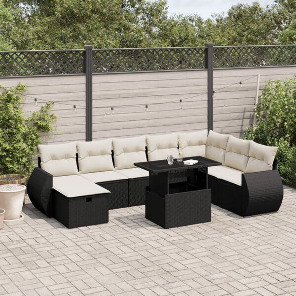 vidaXL 9 pcs conjunto de sofás p/ jardim c/ almofadões vime PE preto