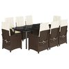 vidaXL 9 pcs conjunto jantar p/ jardim c/ almofad&otilde;es vime PE castanho