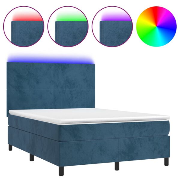 vidaXL Cama box spring c/ colch&atilde;o/LED 140x190 cm veludo azul-escuro