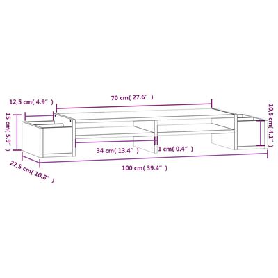 vidaXL Suporte para monitor 100x27,5x15 cm madeira pinho maciça preto