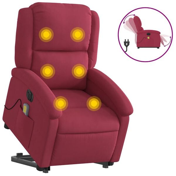 vidaXL Poltrona massagens elevat&oacute;ria el&eacute;trica veludo vermelho-tinto