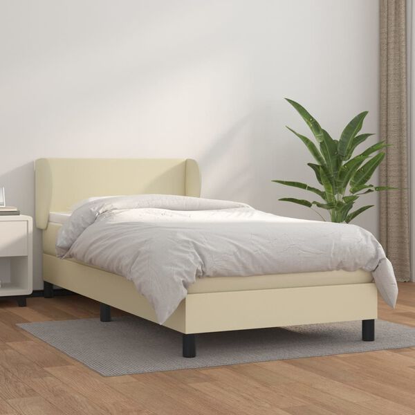 vidaXL Cama com molas/colch&atilde;o 90x200 cm couro artificial cor creme
