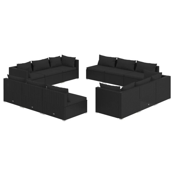 vidaXL 12 pcs conjunto lounge de jardim c/ almofad&otilde;es vime PE preto