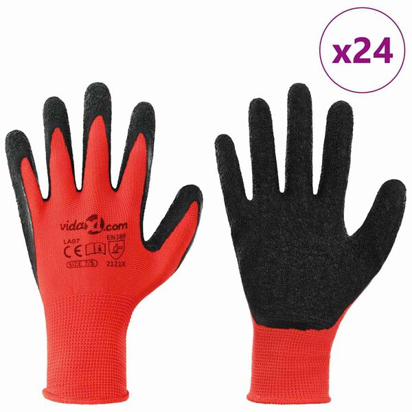 vidaXL Luvas de Trabalho 24 pcs Vermelho e Preto 7 / S