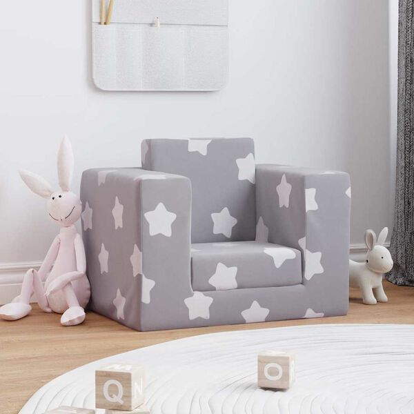 vidaXL Sof&aacute;-cama infantil de c/ estrelas pel&uacute;cia cinzento-claro