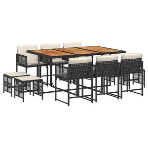 vidaXL 11 pcs conjunto de jantar p/ jardim c/ almofad&otilde;es vime PE preto