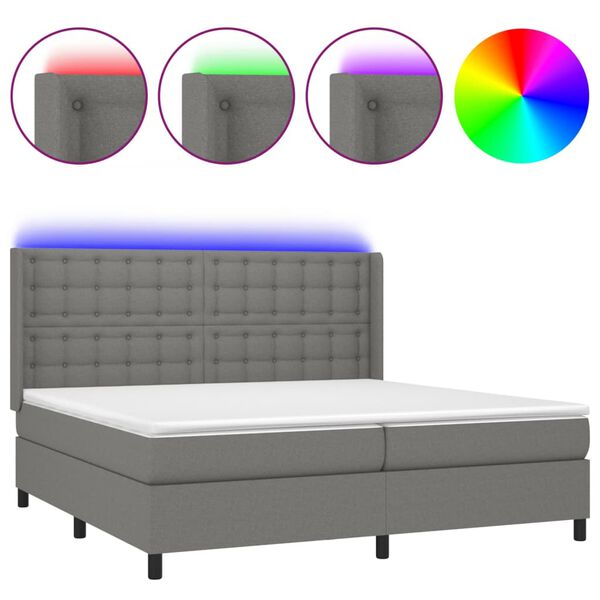 vidaXL Cama box spring c/ colch&atilde;o e LED 200x200 cm tecido cinza-escuro