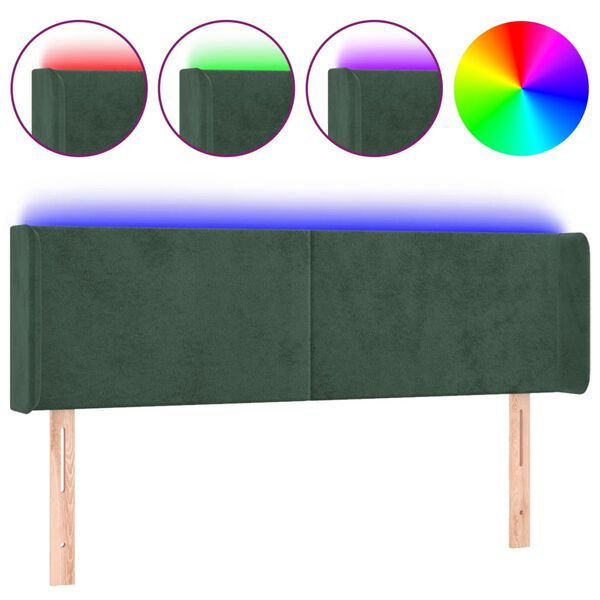 vidaXL Cabeceira cama c/ luzes LED veludo 147x16x78/88 cm verde-escuro
