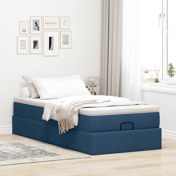 vidaXL Estrutura de cama otomana com colch&atilde;o 100x200cm tecido azul