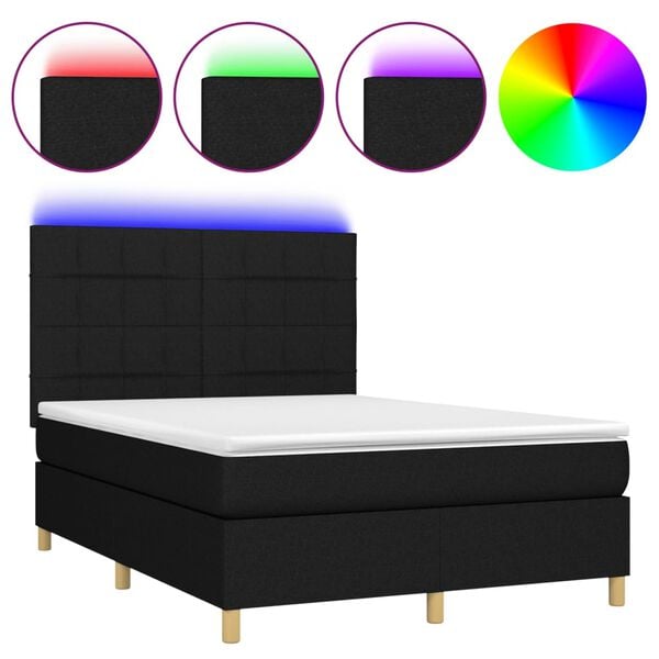 vidaXL Cama box spring c/ colch&atilde;o e LED 140x200 cm tecido preto