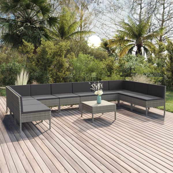 vidaXL 11 pcs conjunto lounge de jardim c/ almofadões vime PE cinzento