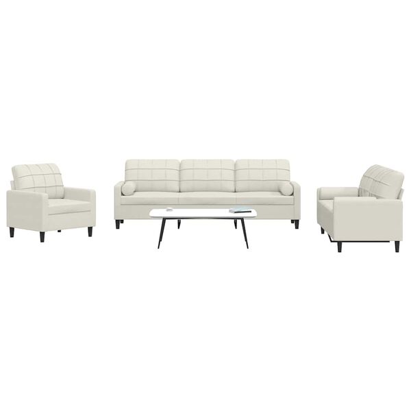 vidaXL 3 pcs conjunto de sof&aacute;s com almofad&otilde;es e rolos veludo creme