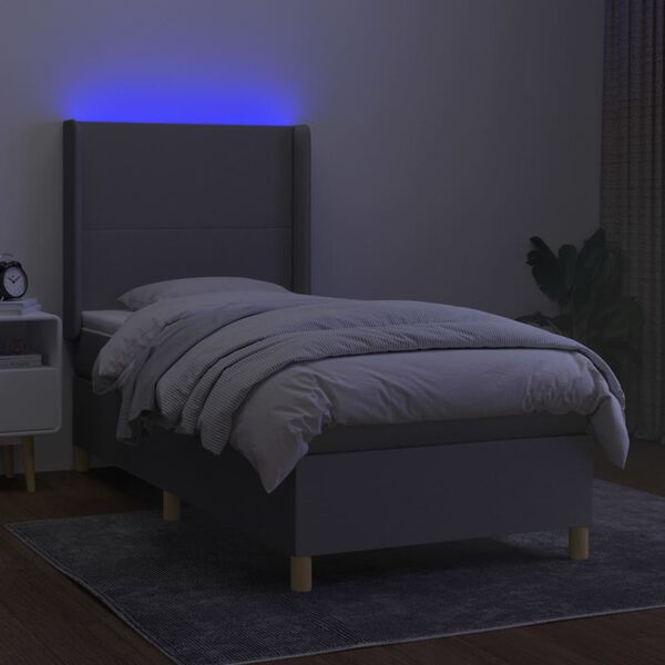 vidaXL Cama box spring c/ colch&atilde;o e LED 90x200 cm tecido cinza-claro