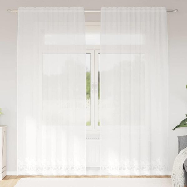 vidaXL Cortina de Renda com cortinas Floral Branco 245x150cm Poli&eacute;ster