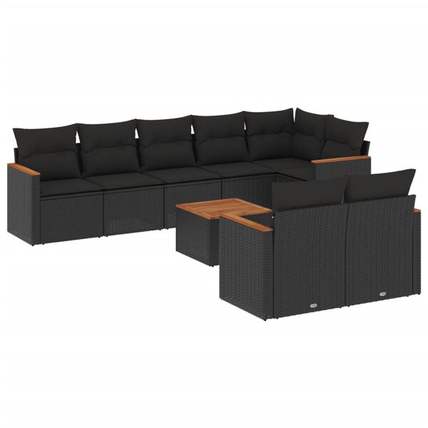 vidaXL 9 pcs conjunto de sof&aacute;s p/ jardim c/ almofad&otilde;es vime PE preto