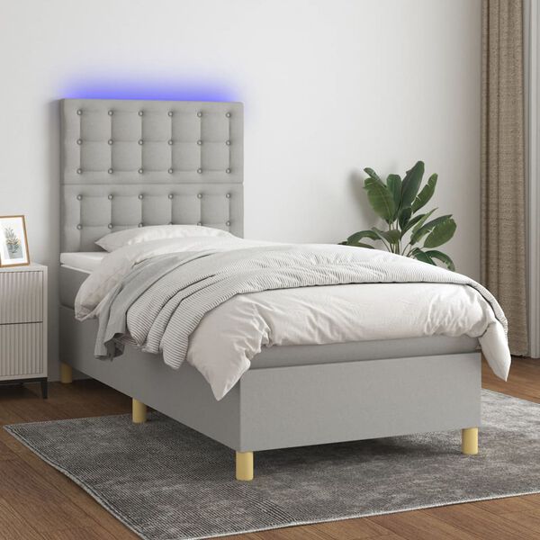 vidaXL Cama box spring c/ colch&atilde;o e LED 100x200 cm tecido cinza-claro