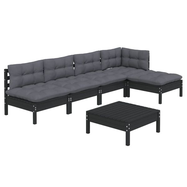vidaXL 6 pcs conjunto lounge de jardim c/ almofad&otilde;es pinho preto