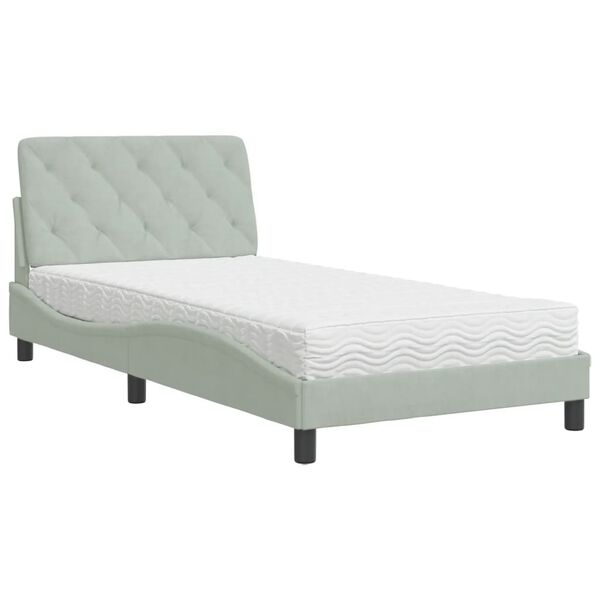 vidaXL Cama com colch&atilde;o 100x200 cm veludo cinzento-claro