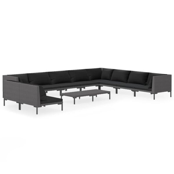 vidaXL 11 pcs conj. lounge jardim c/ almofad&otilde;es vime PE cinza-escuro