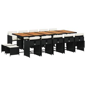 vidaXL 15 pcs conjunto de jantar p/jardim com almofad&otilde;es vime PE preto