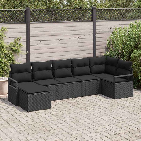 vidaXL Conjunto de Sof&aacute;s com almofada 7 pcs Preto vime PE