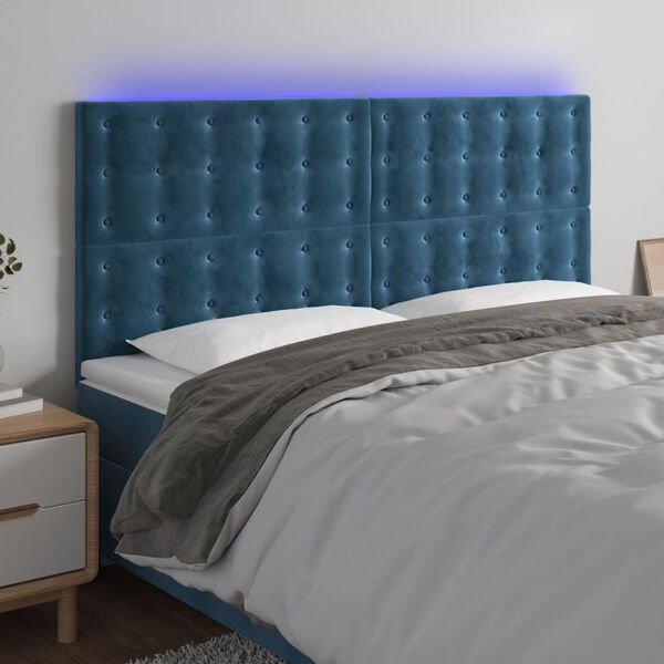 vidaXL Cabeceira cama c/ luzes LED veludo 160x5x118/128cm azul-escuro