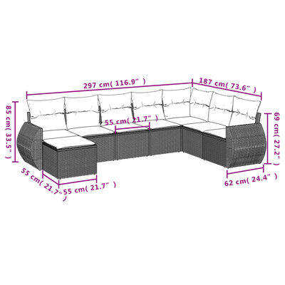 vidaXL 9 pcs conjunto de sofás p/ jardim com almofadões vime PE bege