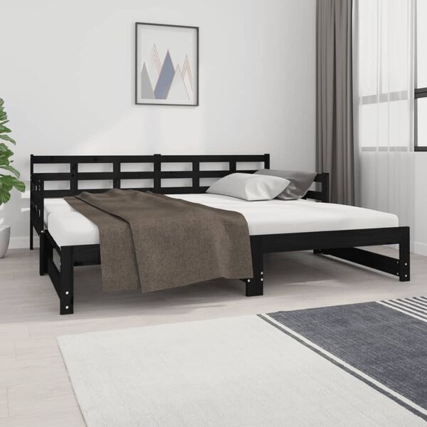 vidaXL Estrutura sof&aacute;-cama de puxar pinho maci&ccedil;o preto 2x(90x190) cm
