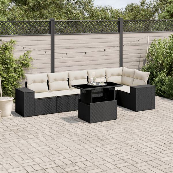 vidaXL 7 pcs conjunto de sof&aacute;s p/ jardim c/ almofad&otilde;es vime PE preto