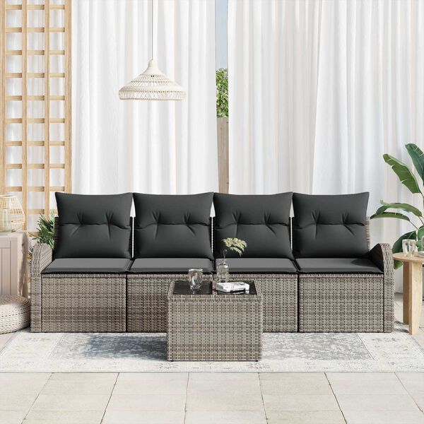 vidaXL Conjunto de Sof&aacute; de Jardim 5 pcs Cinzeto Rattan e A&ccedil;o e Vidro