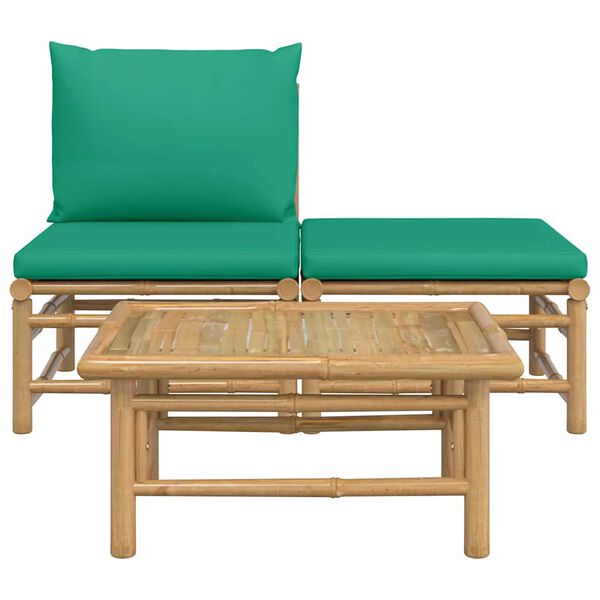 vidaXL 3 pcs conjunto lounge de jardim bambu c/ almofadões verdes