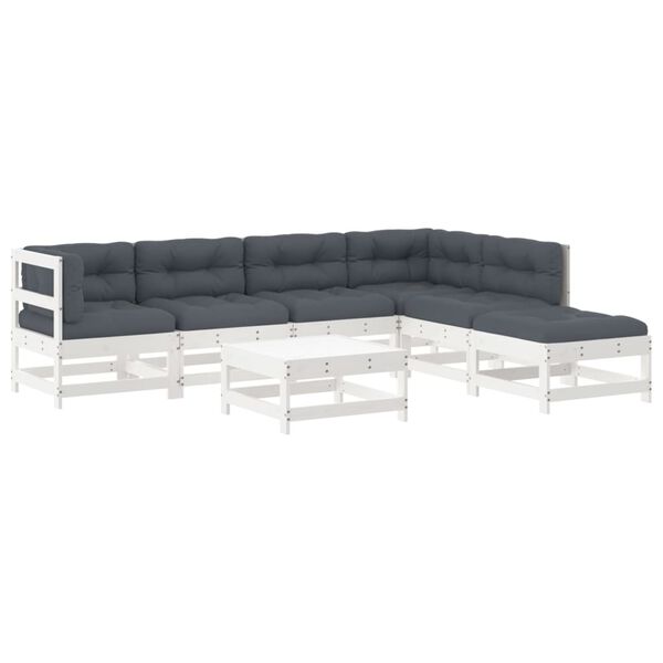 vidaXL 7pcs conjunto lounge jardim c/ almofadões madeira maciça branco