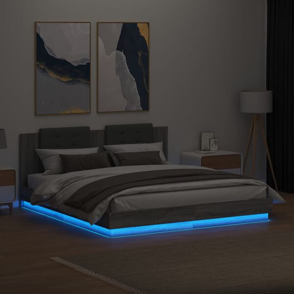 vidaXL Estrutura de cama c/ cabeceira/luzes LED 200x200cm cinza sonoma