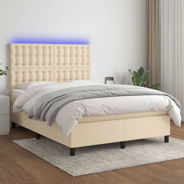 vidaXL Cama box spring c/ colch&atilde;o e LED 140x190 cm tecido cor creme