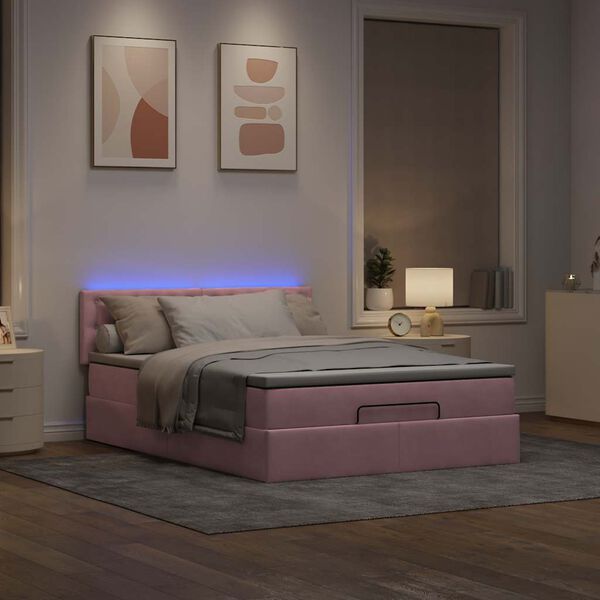 vidaXL Estrutura de cama otomana com colch&atilde;o 140x190 cm veludo rosa