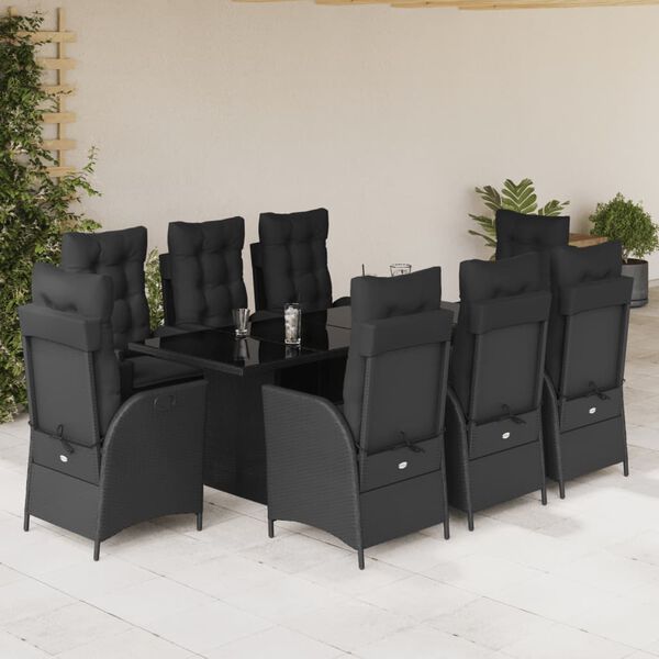 vidaXL 9 pcs conjunto de jantar p/ jardim c/ almofad&otilde;es vime PE preto