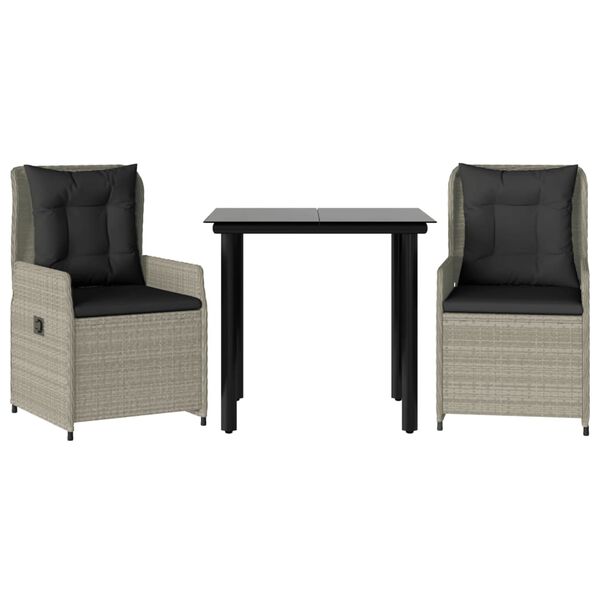 vidaXL 3 pcs conjunto de jantar p/ jardim c/ almofadões cinzento claro