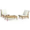 vidaXL 3 pcs conjunto lounge de jardim bambu c/ almofad&otilde;es branco nata