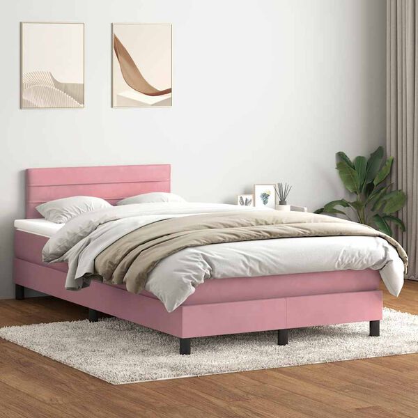 vidaXL Cama box spring c/ colch&atilde;o e LED 120x220 cm veludo rosa