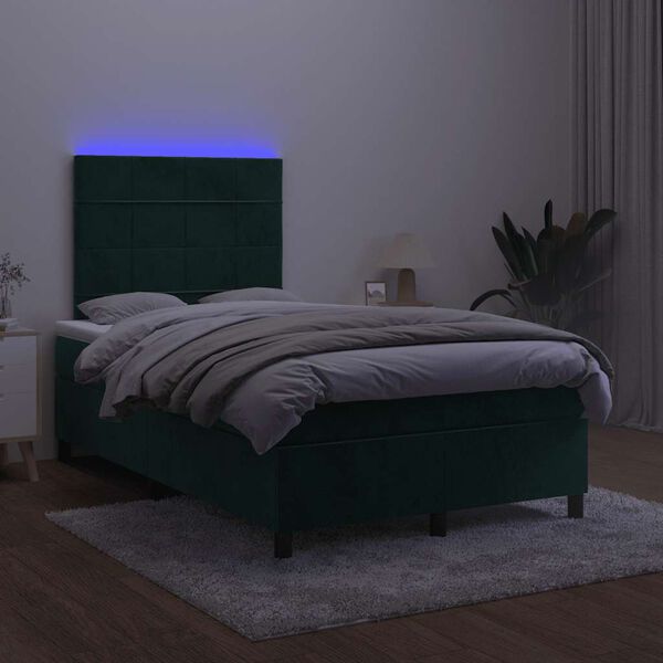 vidaXL Cama box spring com colch&atilde;o e luzes LED veludo verde-escuro