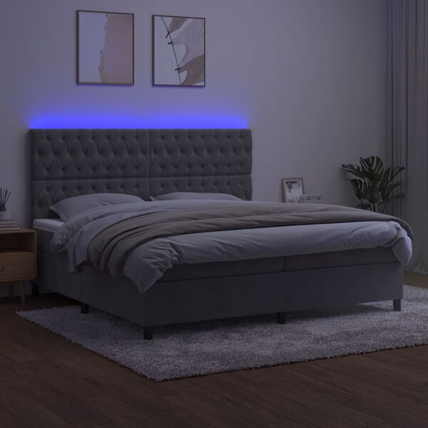 vidaXL Cama box spring c/ colch&atilde;o/LED 200x200 cm veludo cinzento-claro