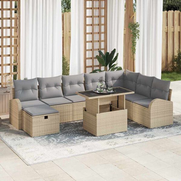 vidaXL Conjunto de Sof&aacute; de Jardim 9 pcs Bege Rattan Sint&eacute;tico