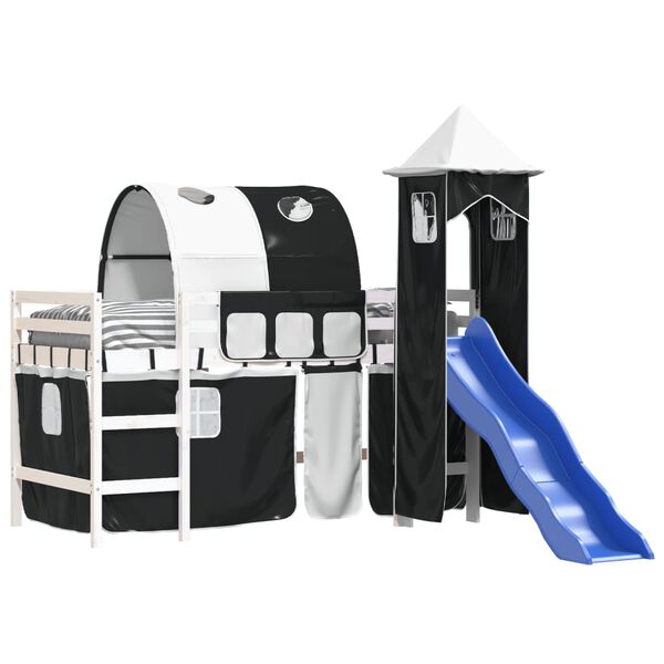 vidaXL Cama alta crian&ccedil;a c/ torre 90x200 cm pinho maci&ccedil;o branco/preto